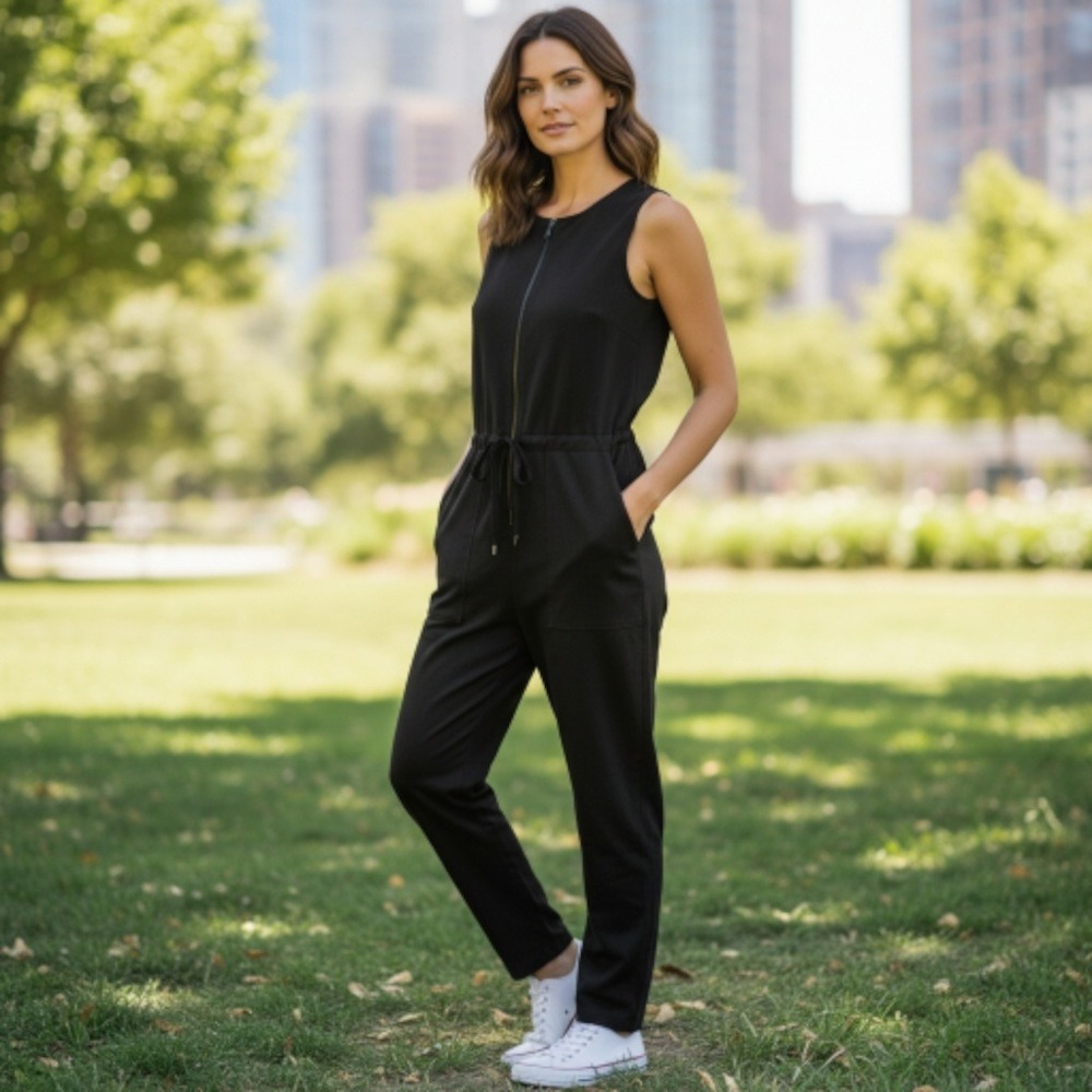 Athleta Black Sleeveless Zip-Front Drawstring Jumpsuit